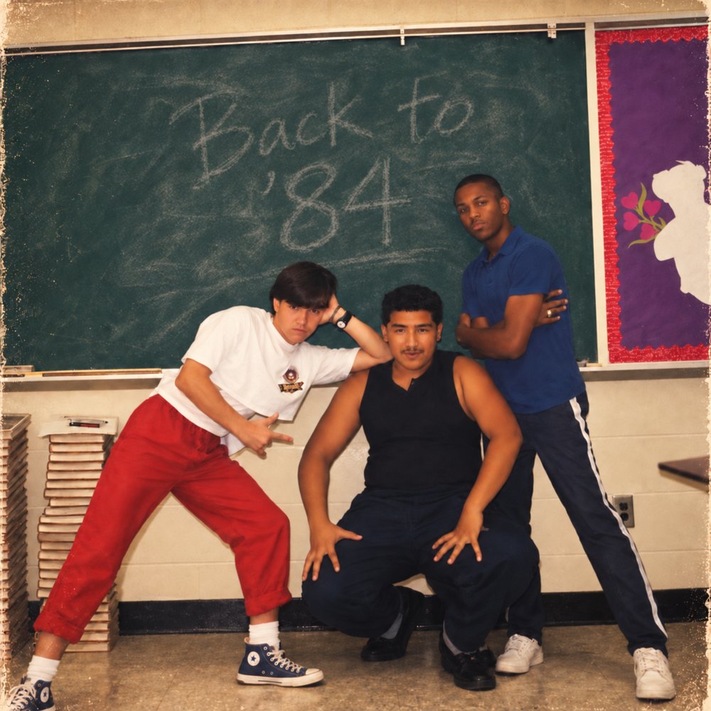 Back to ’84 single cover: three teens striking b-boy poses in front of a classroom chalkboard
